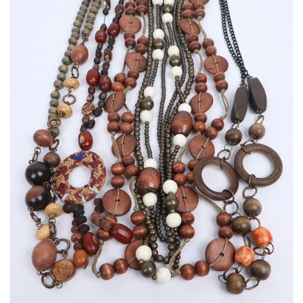 VTG Boho Ethnic Tribal Long Wood‎ Beaded Necklaces (6) Earth Tones